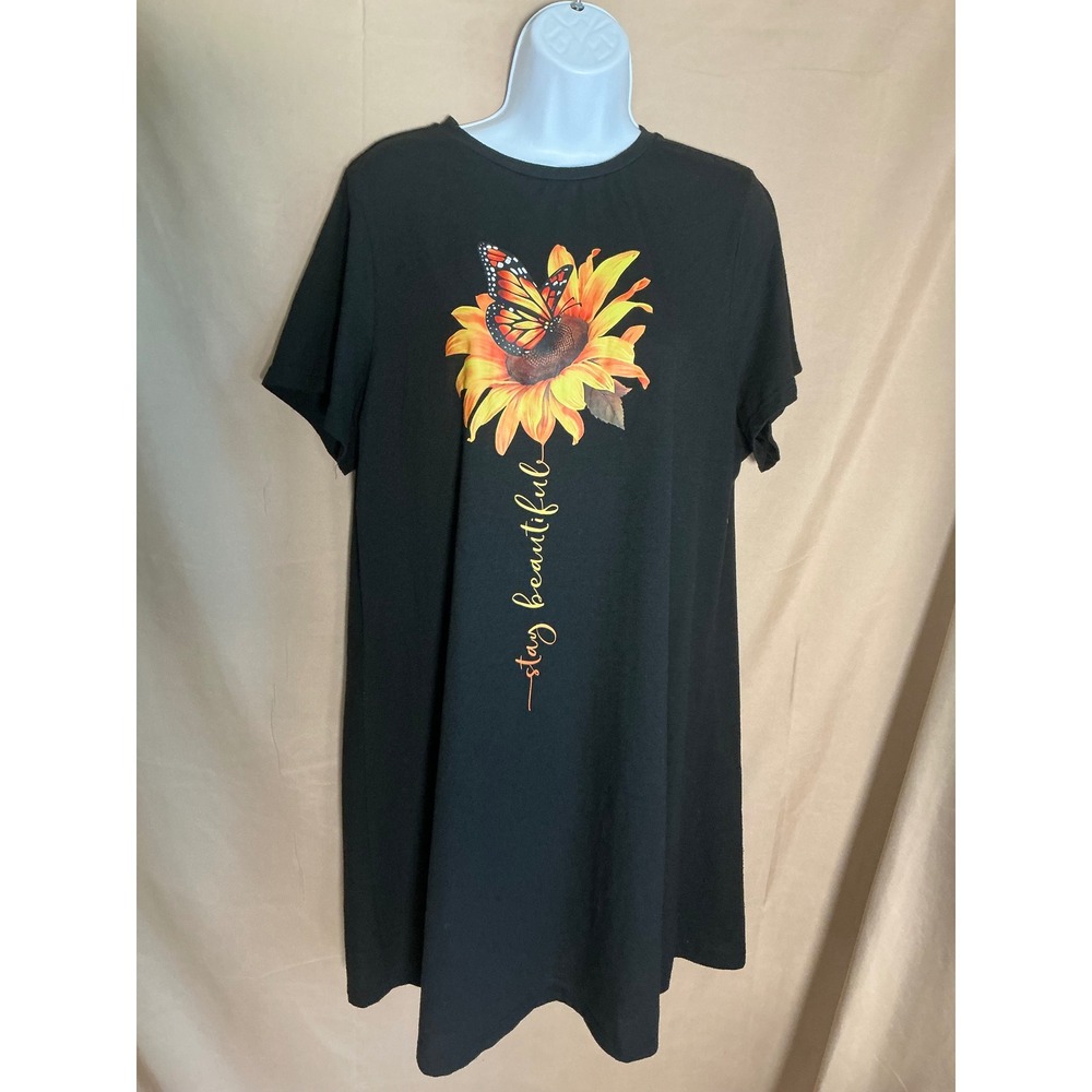 SHEIN Curve T-Shirt Dress Women 4XL Black Excellent Sunflower Butterfly Graphic